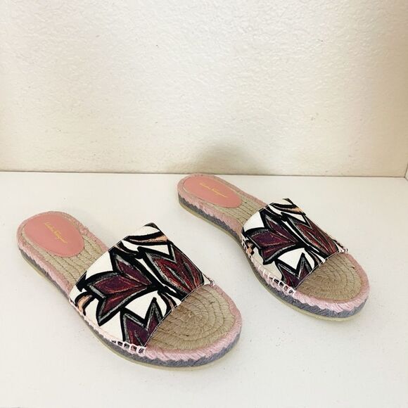 Salvatore Ferragamo pink floral canvas espadrille slides Women's Size 10.5 - Picture 6 of 12